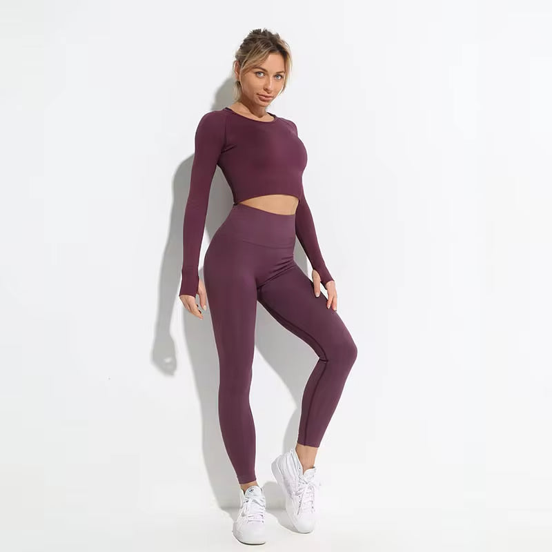 Elevate Your Workout: 2-Piece Seamless Hyperflex Women's Athletic Set - Long Sleeve Crop Top & High Waist Leggings