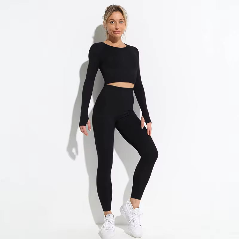 Elevate Your Workout: 2-Piece Seamless Hyperflex Women's Athletic Set - Long Sleeve Crop Top & High Waist Leggings