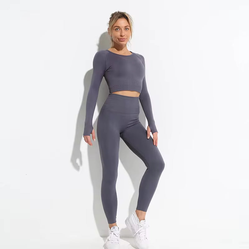 Elevate Your Workout: 2-Piece Seamless Hyperflex Women's Athletic Set - Long Sleeve Crop Top & High Waist Leggings
