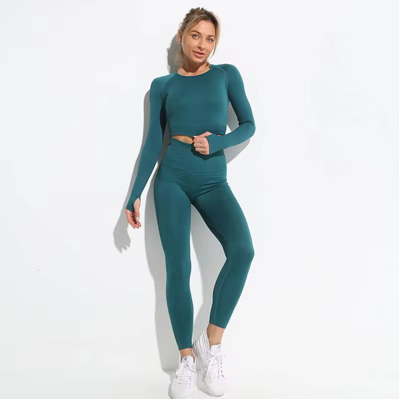 Elevate Your Workout: 2-Piece Seamless Hyperflex Women's Athletic Set - Long Sleeve Crop Top & High Waist Leggings