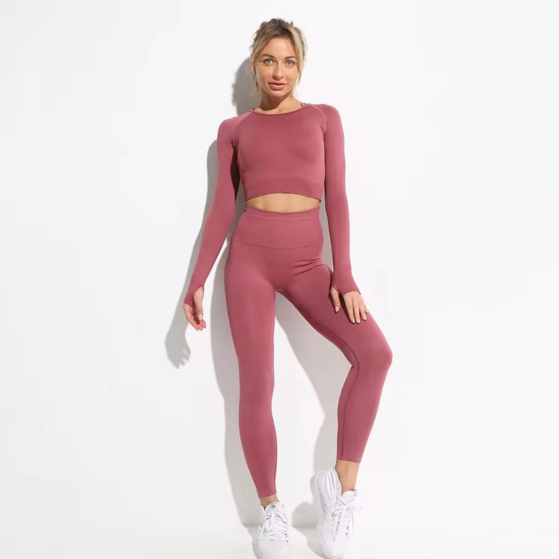 Elevate Your Workout: 2-Piece Seamless Hyperflex Women's Athletic Set - Long Sleeve Crop Top & High Waist Leggings