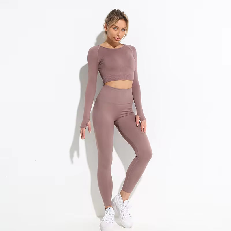 Elevate Your Workout: 2-Piece Seamless Hyperflex Women's Athletic Set - Long Sleeve Crop Top & High Waist Leggings